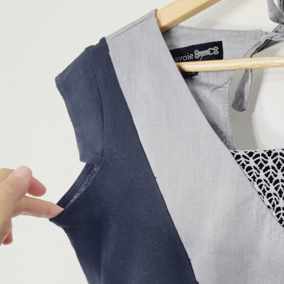 Eve Lavoie Women's Black Gray Cotton Blend Cap Sleeve Tie Back V-Neck Dress Sz M - Picture 3 of 10